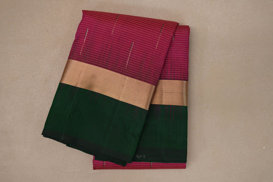 Bright Pink with Deep Bottle Green Borders Light Weight Kanjivaram Silk Saree