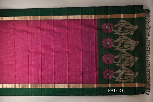 Bright Pink with Deep Bottle Green Borders Light Weight Kanjivaram Silk Saree paloo
