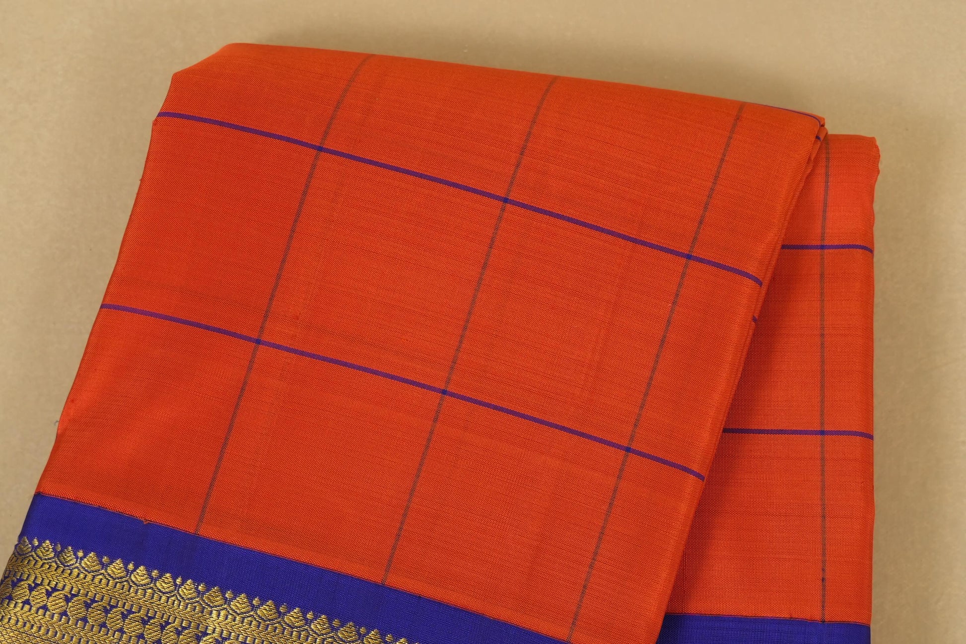 Orange with Ink Blue Borders Vintage Kanjivaram Silk Saree Body Zoom