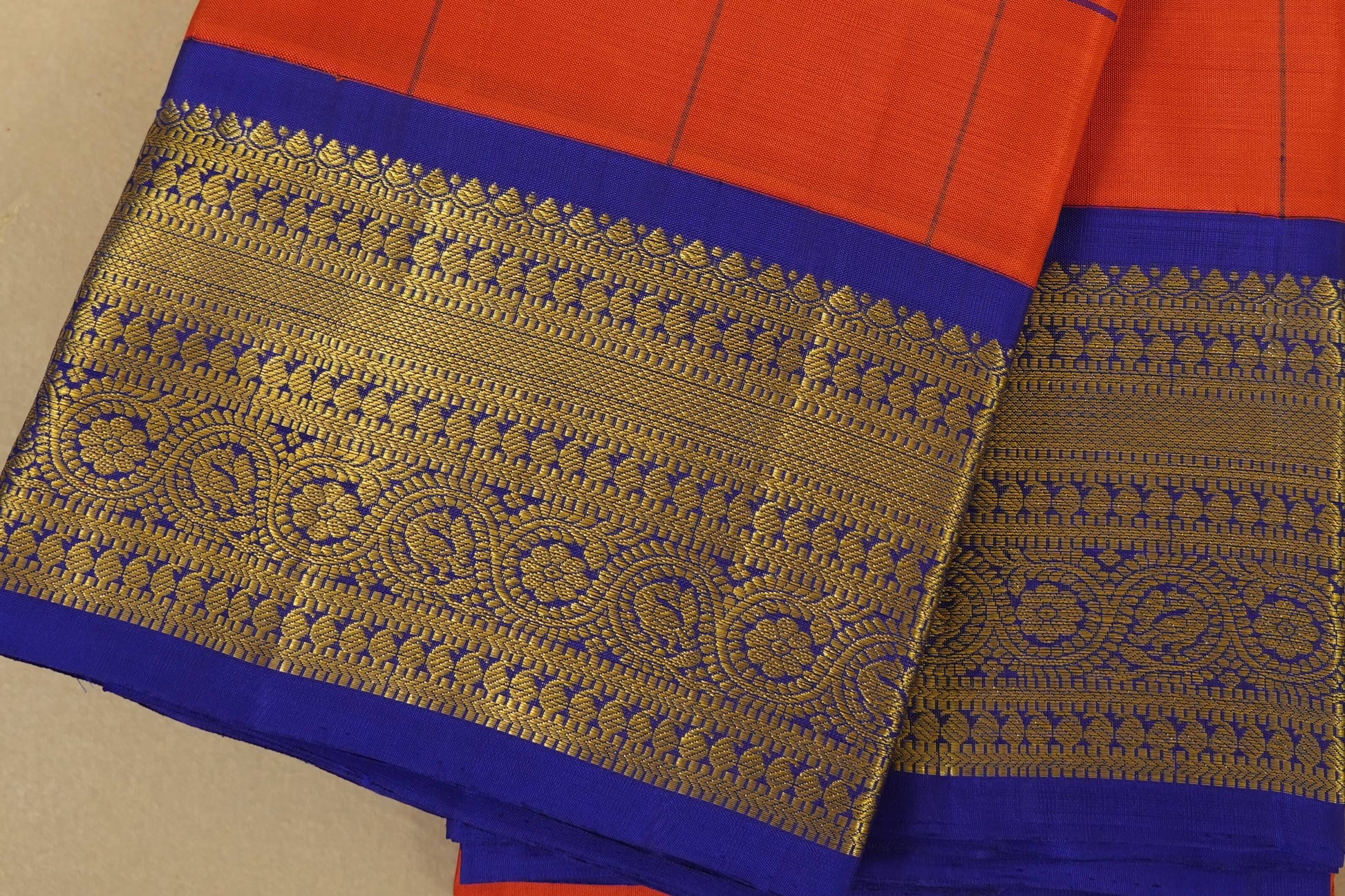 Orange with Ink Blue Borders Vintage Kanjivaram Silk Saree Border Zoom