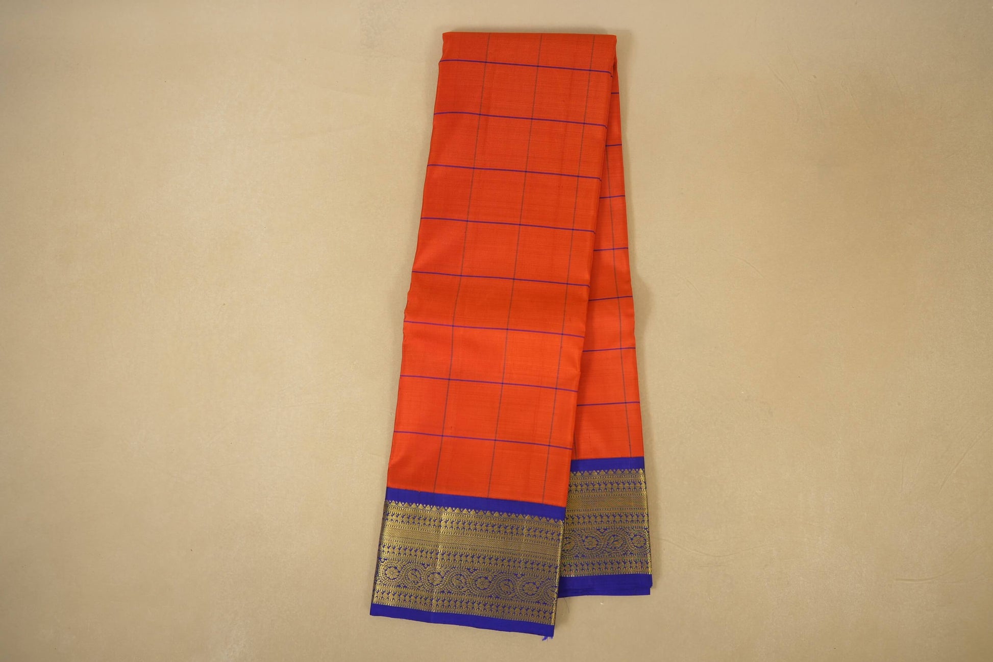 Orange with Ink Blue Borders Vintage Kanjivaram Silk Saree Online