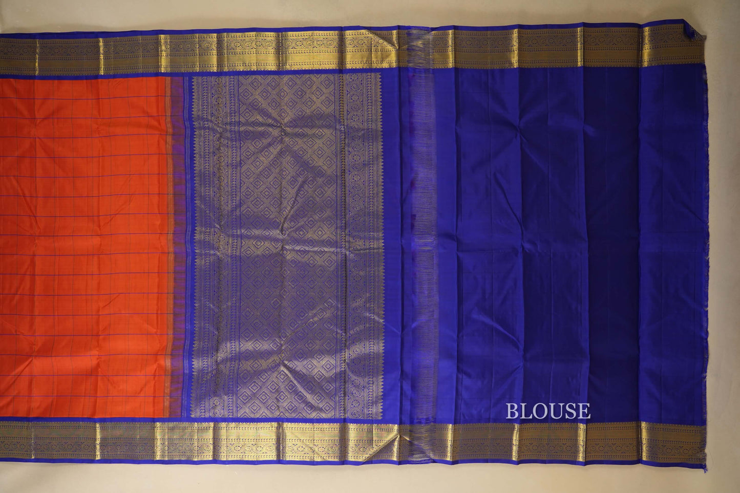Orange with Ink Blue Borders Vintage Kanjivaram Silk Saree Blouse