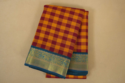 Folded Multi Colour with Peacock Blue Borders Vintage Kanjivaram Silk Saree 