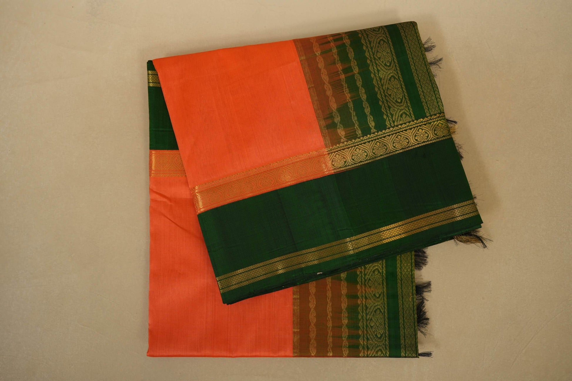 Folded Light Orange with Green Borders Silk Cotton Saree
