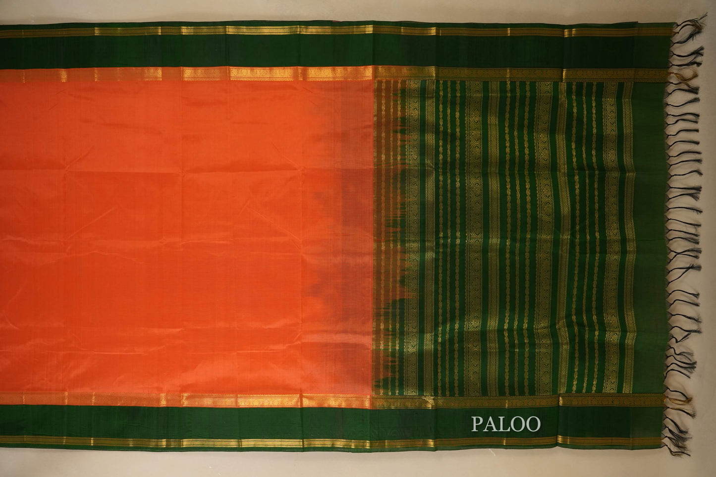 Light Orange with Green Borders Silk Cotton Saree Paloo