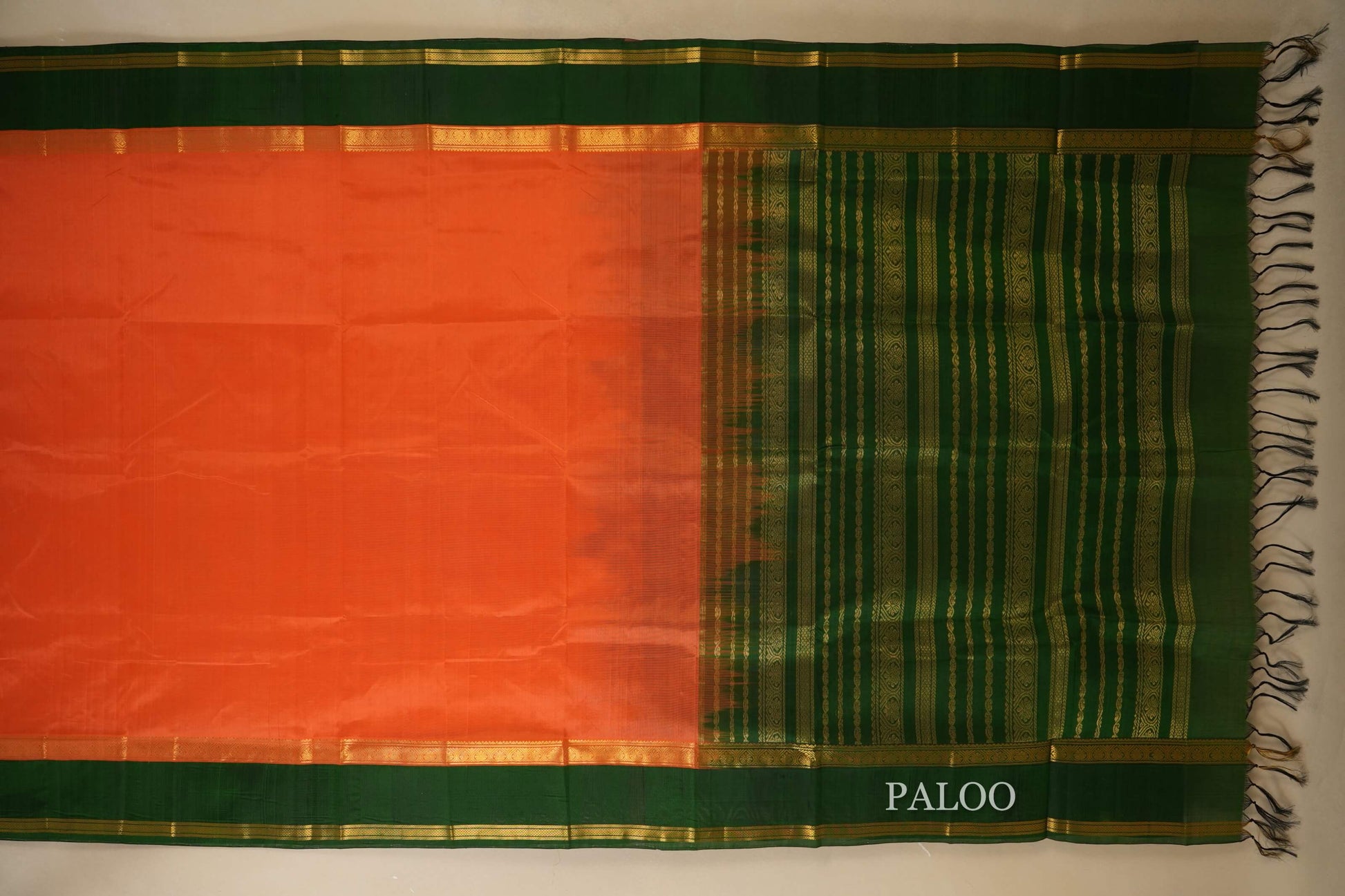 Light Orange with Green Borders Silk Cotton Saree Paloo