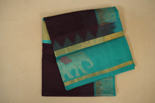 Folded Coffee Brown with Rama Blue Borders Silk Cotton Saree