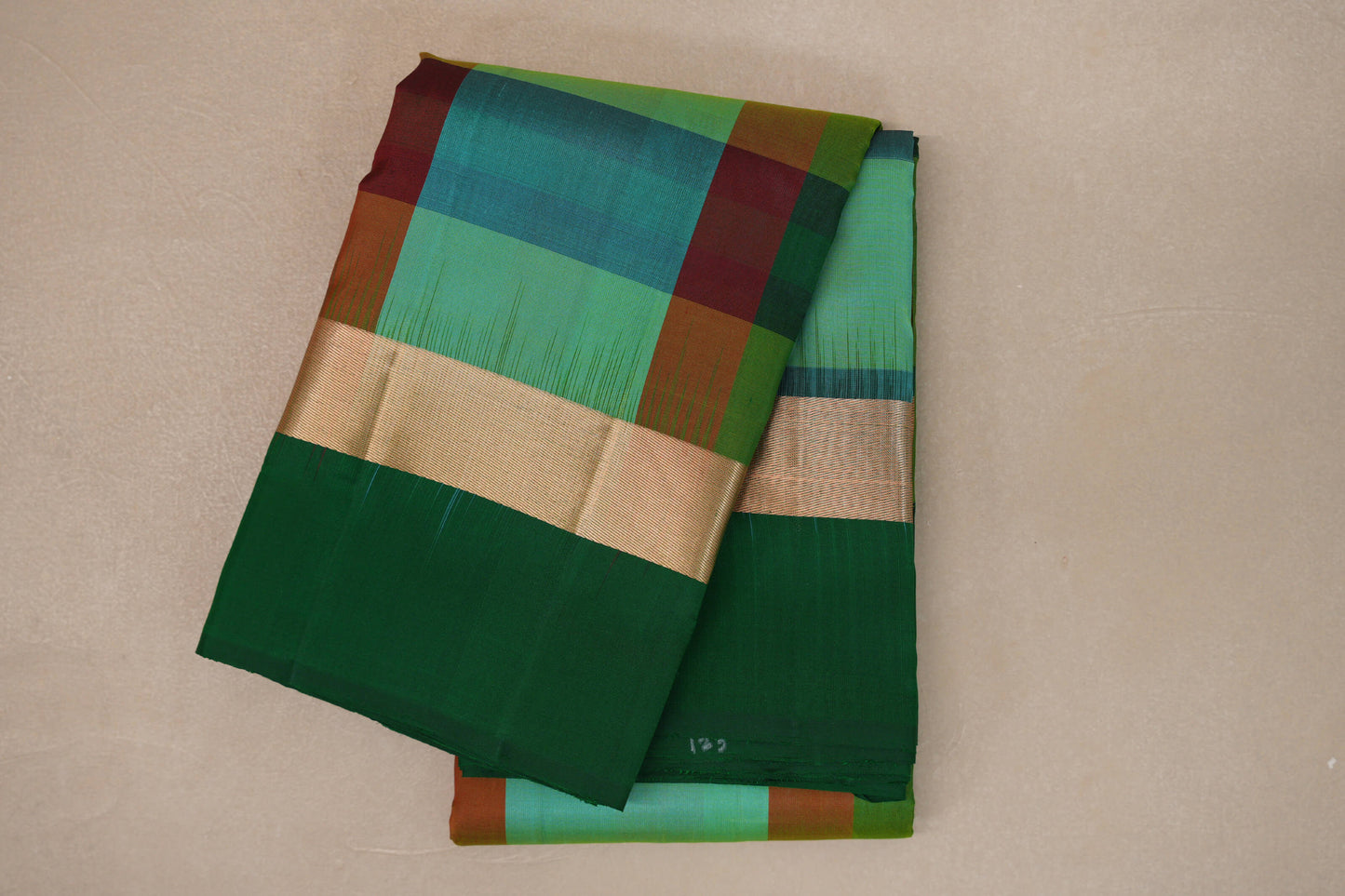 Multi Color Checks with Deep Bottle Green Borders Light Weight Kanjivaram Silk Saree
