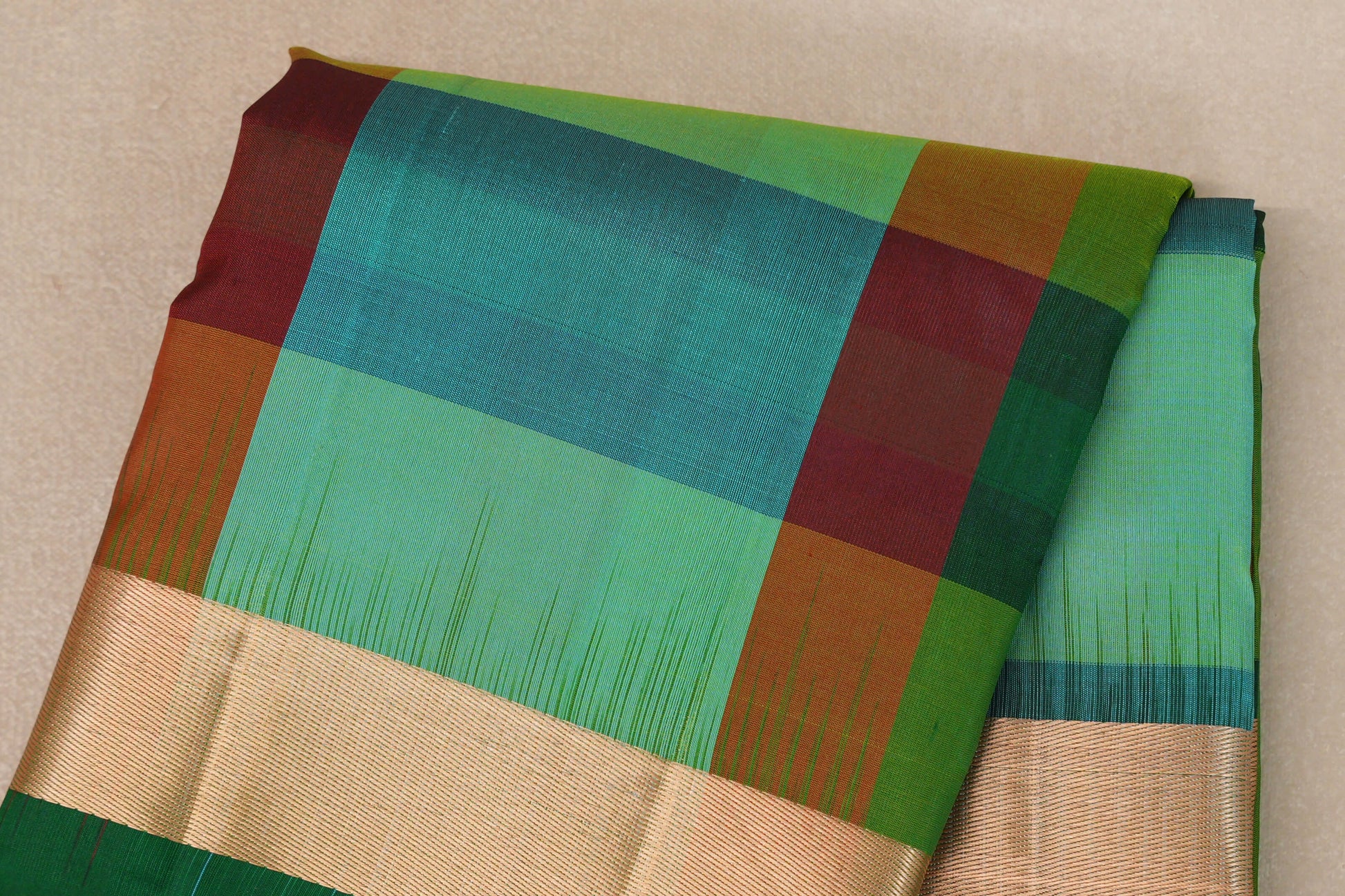Multi Color Checks with Deep Bottle Green Borders Light Weight Kanjivaram Silk Saree body