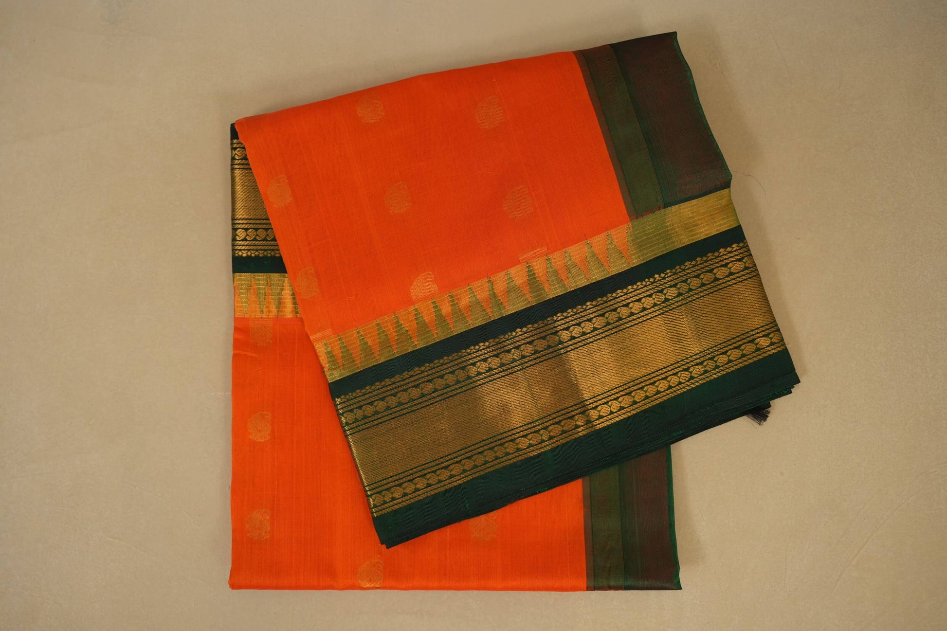 Folded Orange with Green Borders Silk Cotton Saree
