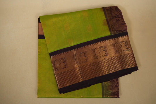 Fluorescent Green with Burgundy Maroon Borders Silk Cotton Folded Saree
