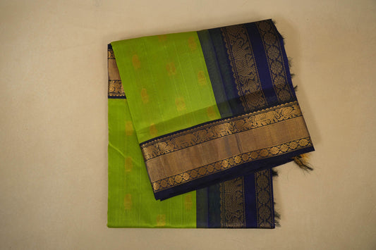 Folded Parrot Green with Navy Blue Borders Silk Cotton Saree