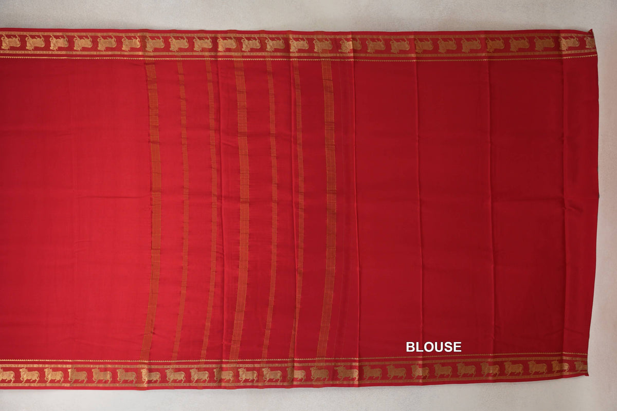 Bright Red Mysore Silk Saree by Shreenivas Silks blouse