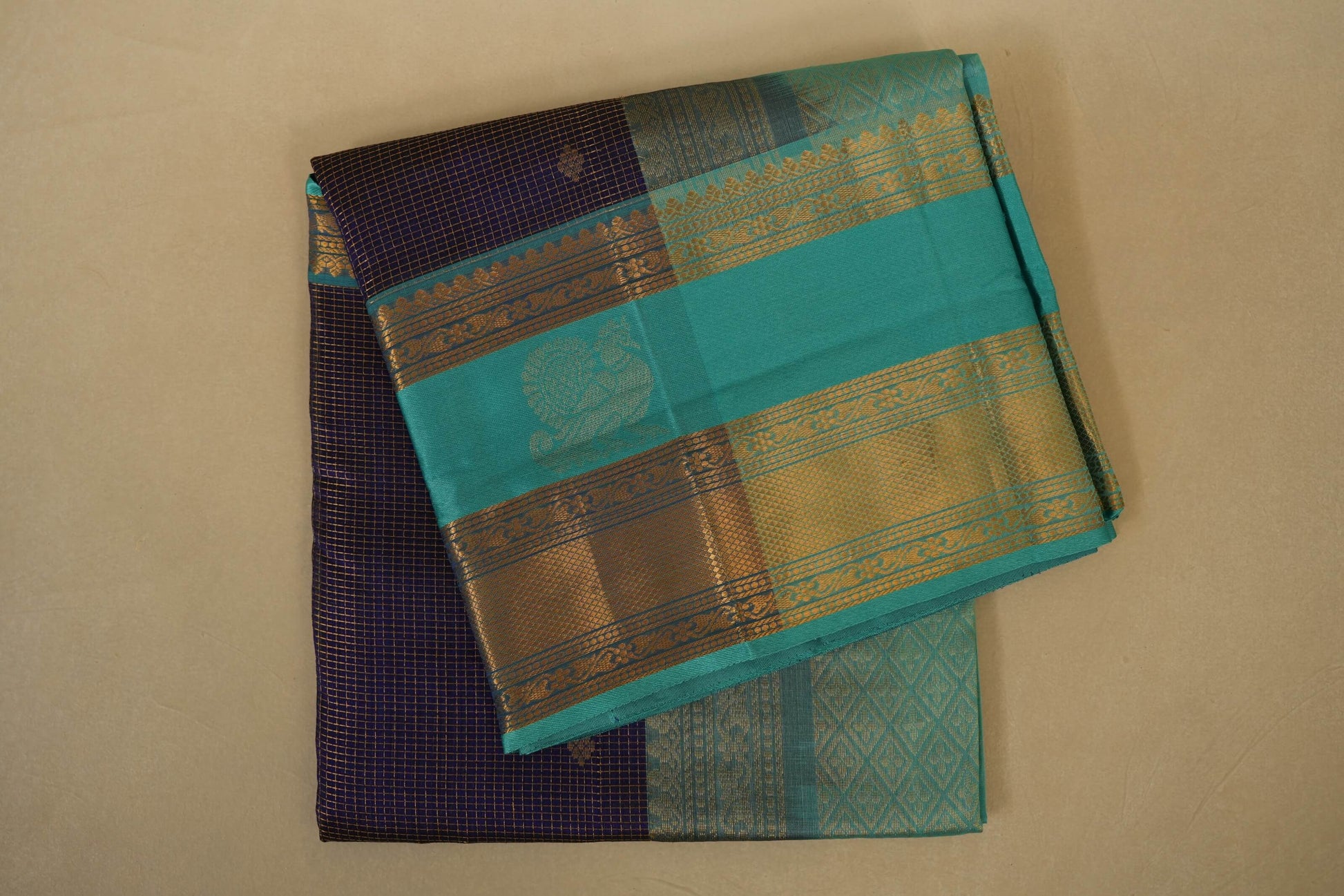 Folded Navy Blue with Rama Blue Borders Silk Cotton Saree 