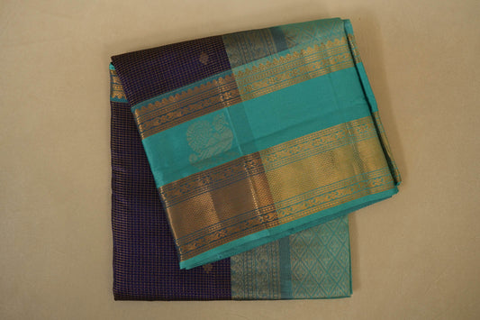 Folded Navy Blue with Rama Blue Borders Silk Cotton Saree 