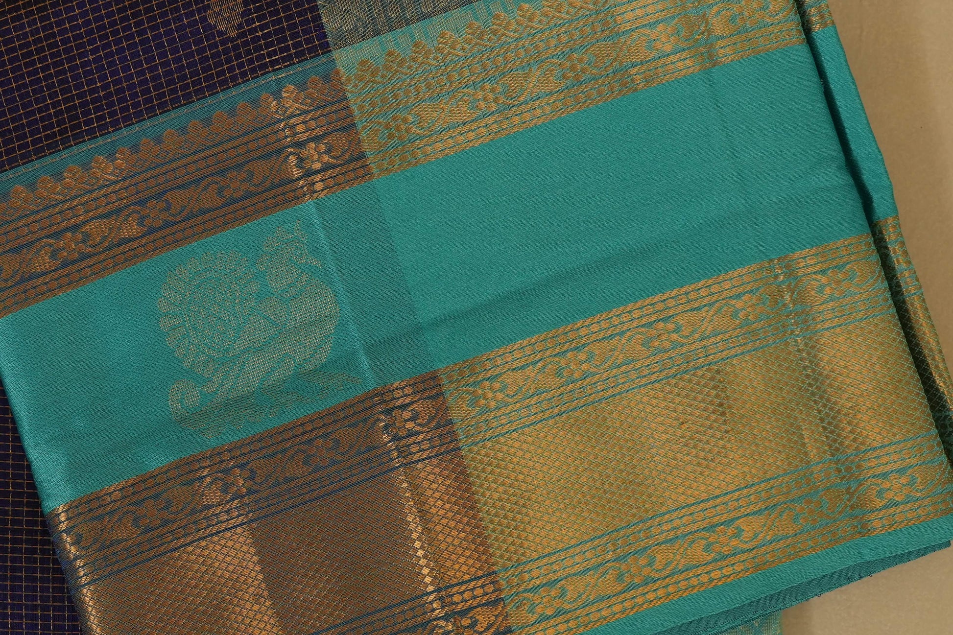 Navy Blue Silk Cotton Saree borders zoom