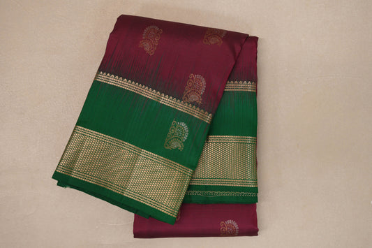 Deep Magenta with Emerald Green Borders Light Weight Kanjivaram Silk Saree