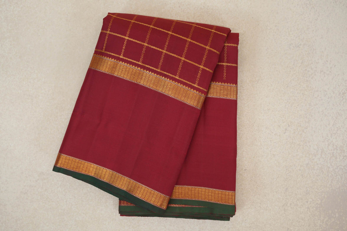 Reddish Maroon with Deep Bottle Green Selvedge Vintage Kanjivaram Silk Saree by Shreenivas Silks PSSR0110371