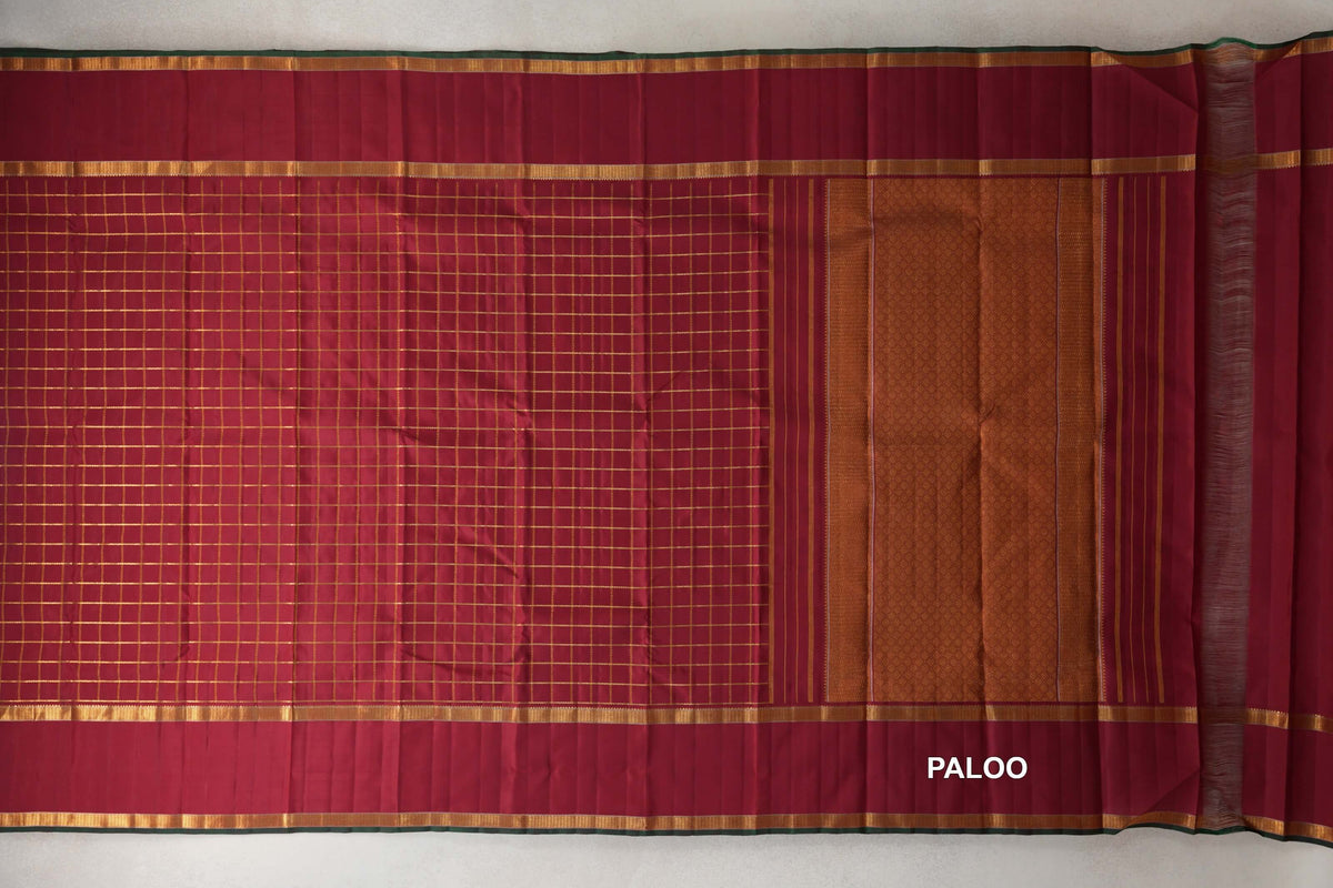 Reddish Maroon with Deep Bottle Green Selvedge Vintage Kanjivaram Silk Saree by Shreenivas Silks PSSR0110371