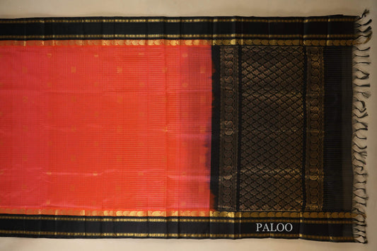 Peach Pink with Black Borders Silk Cotton Saree Paloo