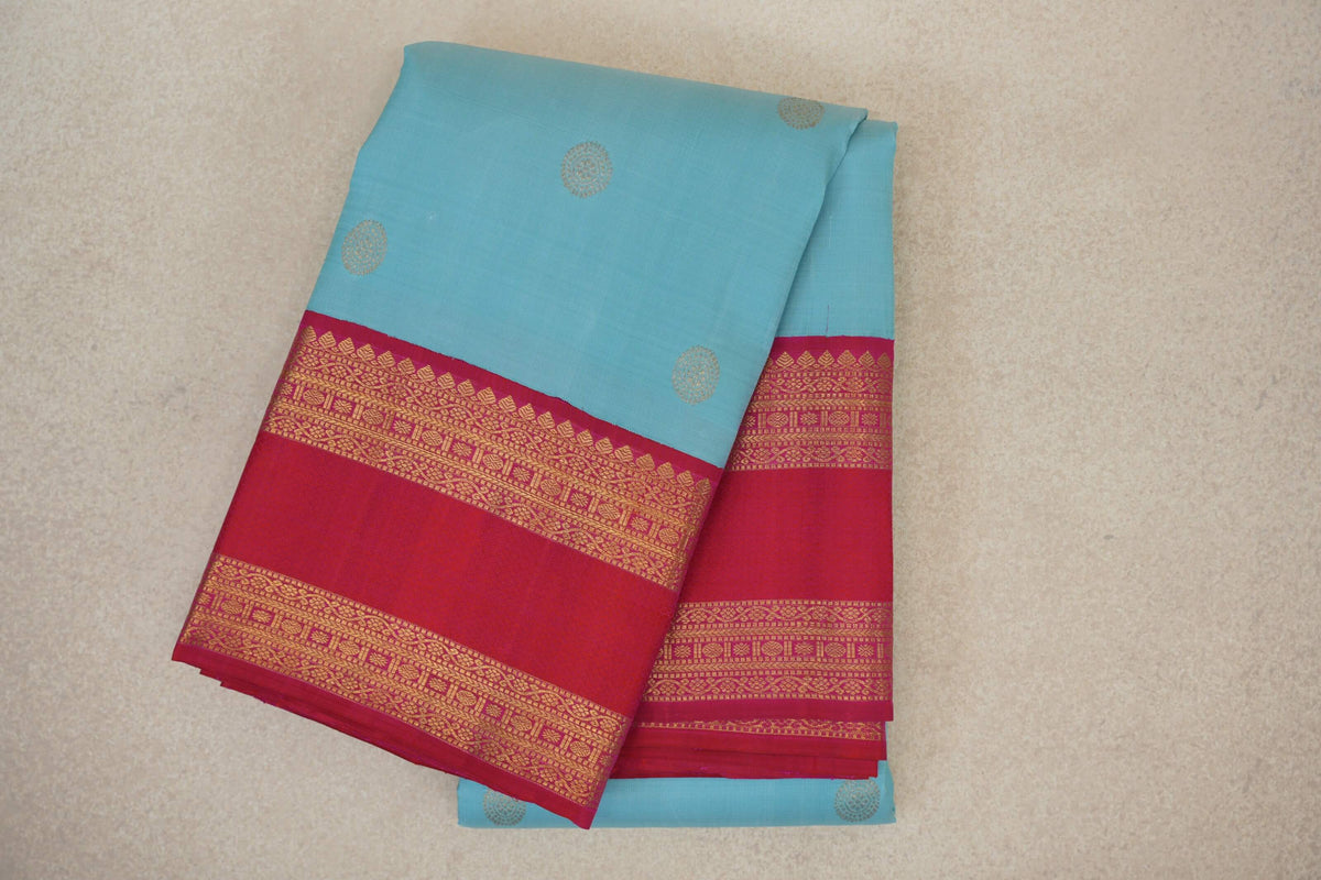 Sky Blue with Bright Rani Pink Borders Vintage Kanjivaram Silk Saree by Shreenivas Silks PSSR0110372