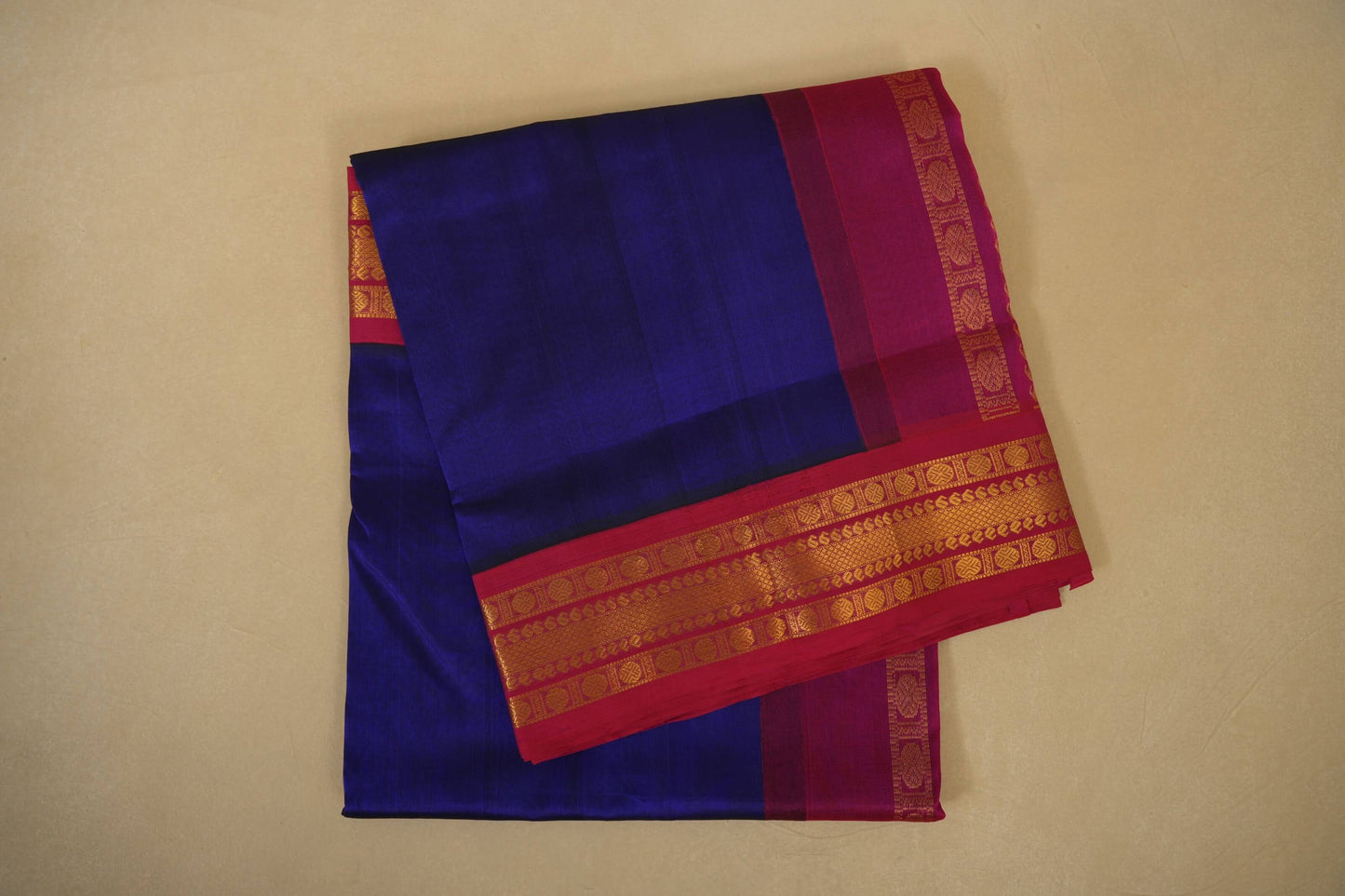 Folded Ink Blue with Rani Pink Borders Silk Cotton Saree