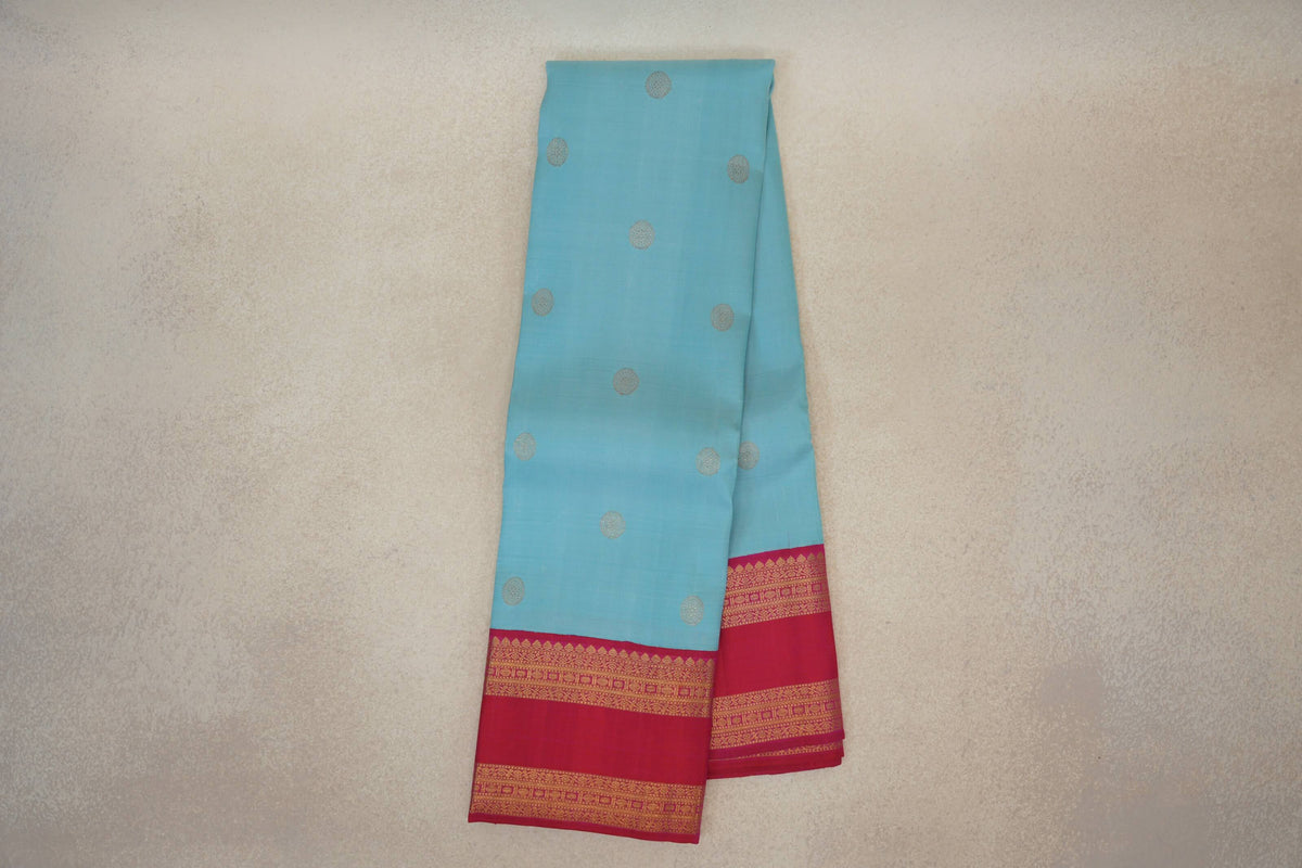 Sky Blue with Bright Rani Pink Borders Vintage Kanjivaram Silk Saree by Shreenivas Silks PSSR0110372