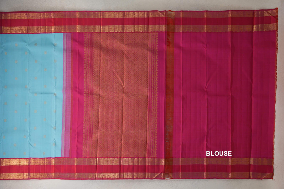 Sky Blue with Bright Rani Pink Borders Vintage Kanjivaram Silk Saree by Shreenivas Silks PSSR0110372