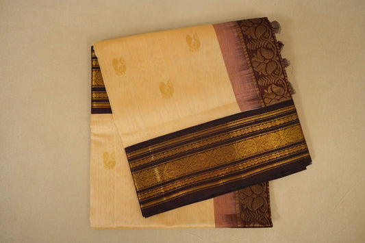 Folded Sandal with Deep Brown Borders Silk Cotton Saree 