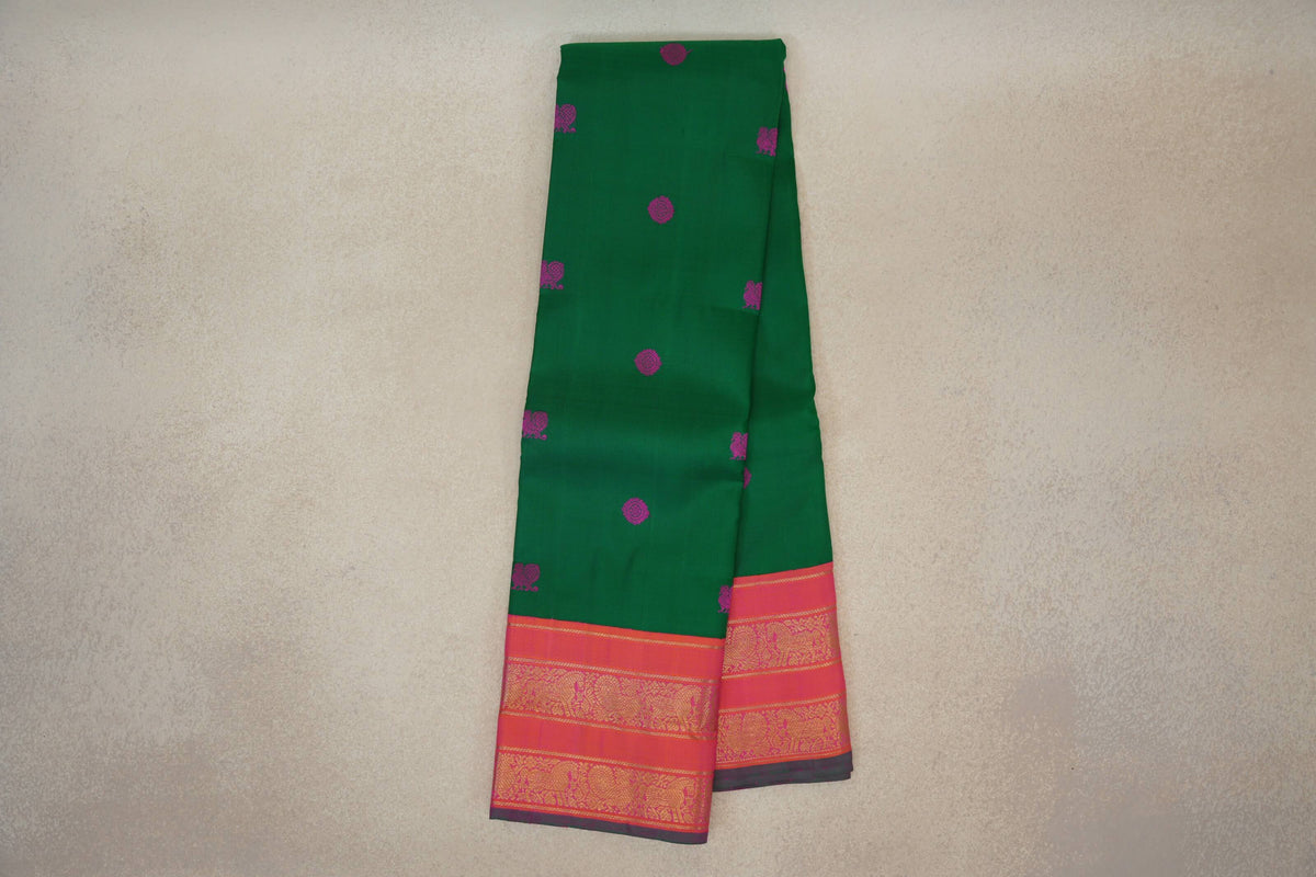 Emerald Green with Dual Tone of Orange and Pink Rettai Pettu Borders with Green Selvedge Vintage Kanjivaram Silk Saree by Shreenivas Silks PSSR0110373