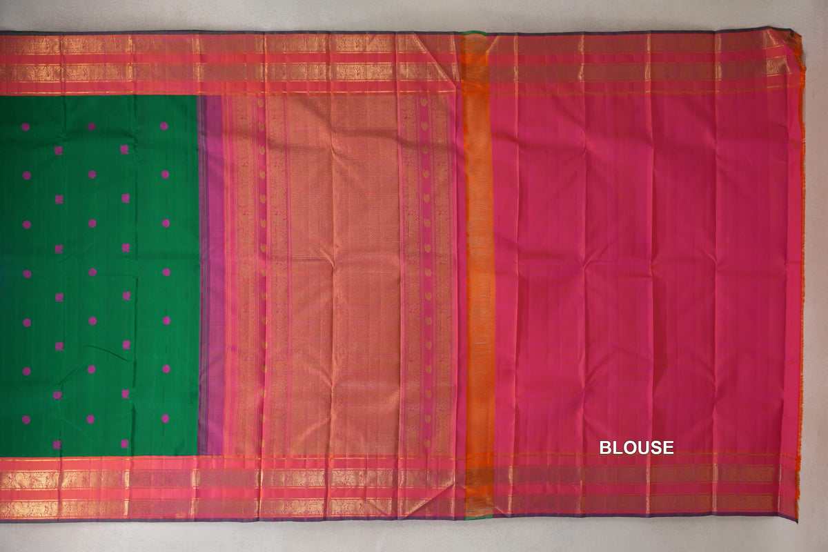 Emerald Green with Dual Tone of Orange and Pink Rettai Pettu Borders with Green Selvedge Vintage Kanjivaram Silk Saree by Shreenivas Silks PSSR0110373