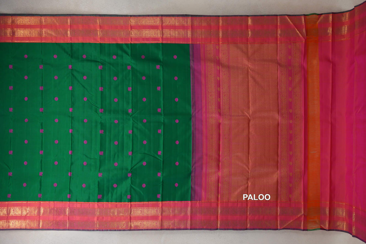 Emerald Green with Dual Tone of Orange and Pink Rettai Pettu Borders with Green Selvedge Vintage Kanjivaram Silk Saree by Shreenivas Silks PSSR0110373