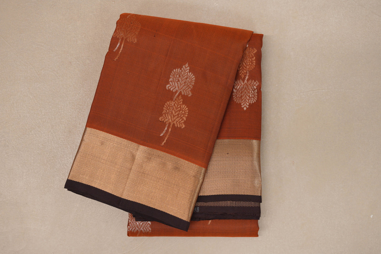 Brownish Orange with Dark Coffee Brown Borders Light Weight Kanjivaram Silk Saree