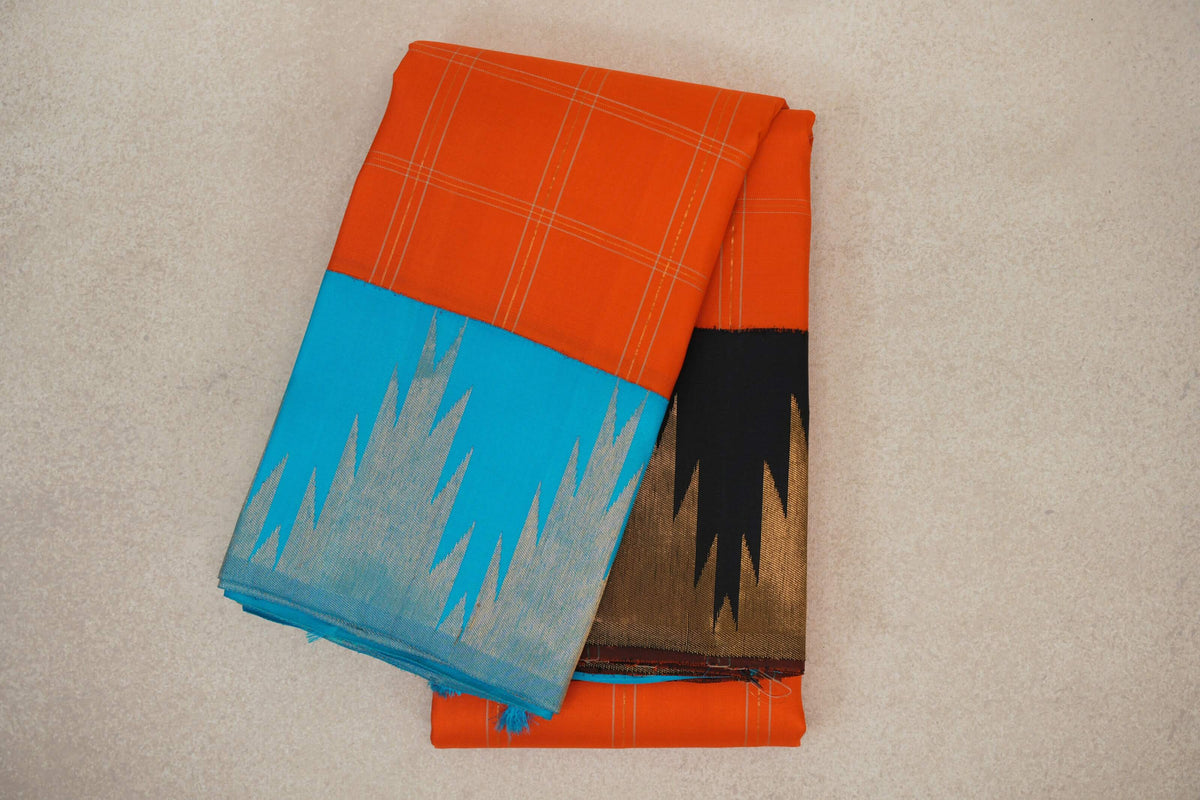 Bright Orange with Temple Borders Vintage Kanjivaram Silk Saree by Shreenivas Silks PSSR0110374