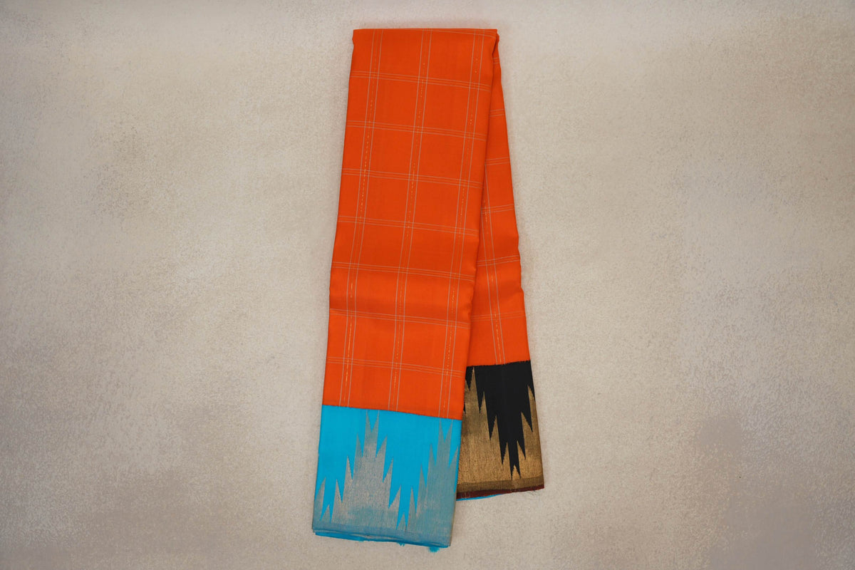 Bright Orange with Temple Borders Vintage Kanjivaram Silk Saree by Shreenivas Silks PSSR0110374