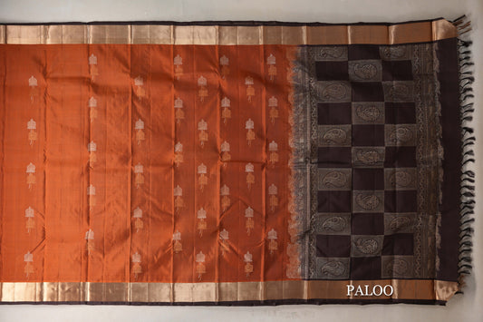 Brownish Orange with Dark Coffee Brown Borders Light Weight Kanjivaram Silk Saree paloo