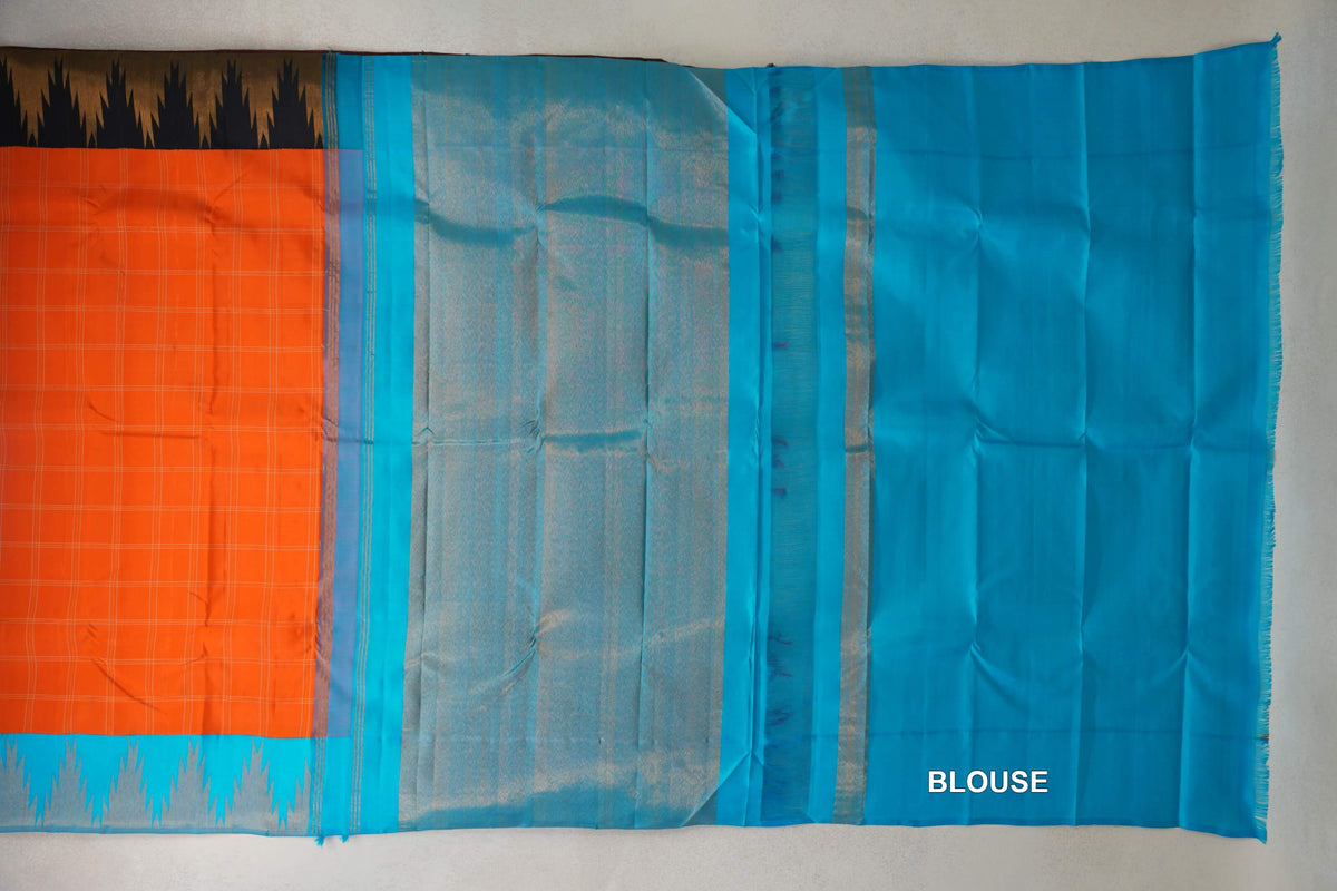 Bright Orange with Temple Borders Vintage Kanjivaram Silk Saree by Shreenivas Silks PSSR0110374