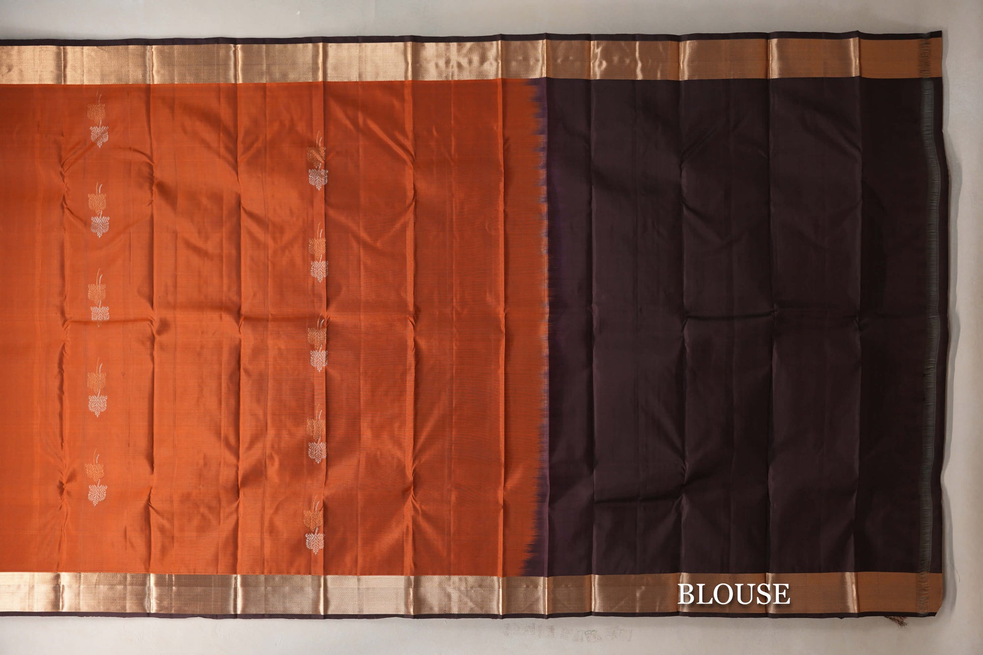 Brownish Orange with Dark Coffee Brown Borders Light Weight Kanjivaram Silk Saree blouse