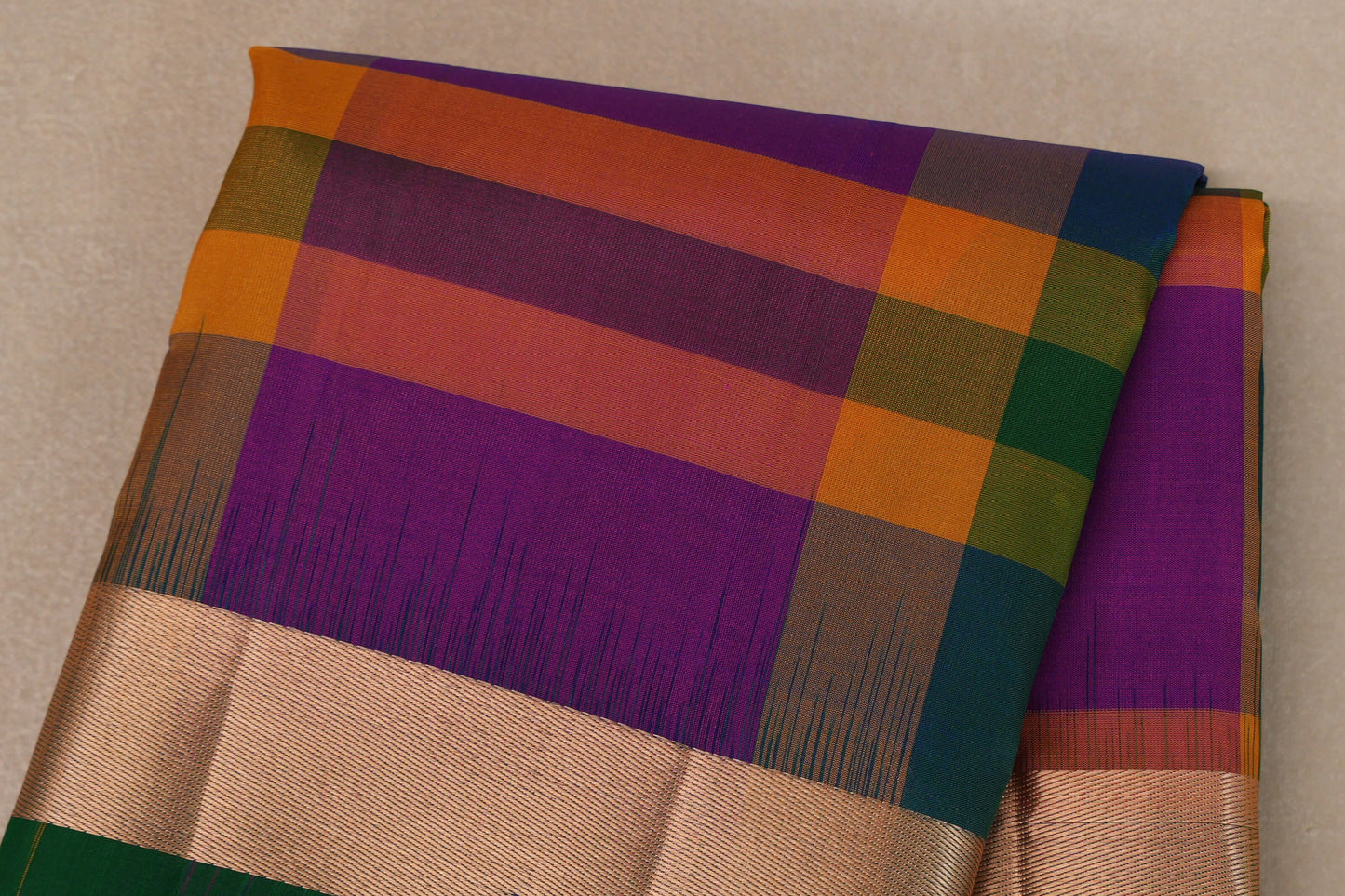 Multi Color Checks with Dark Bottle Green Borders Light Weight Kanjivaram Silk Saree body