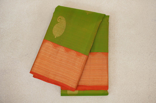 Parrot Green with Reddish Orange Borders Vintage Kanjivaram Silk Saree by Shreenivas Silks