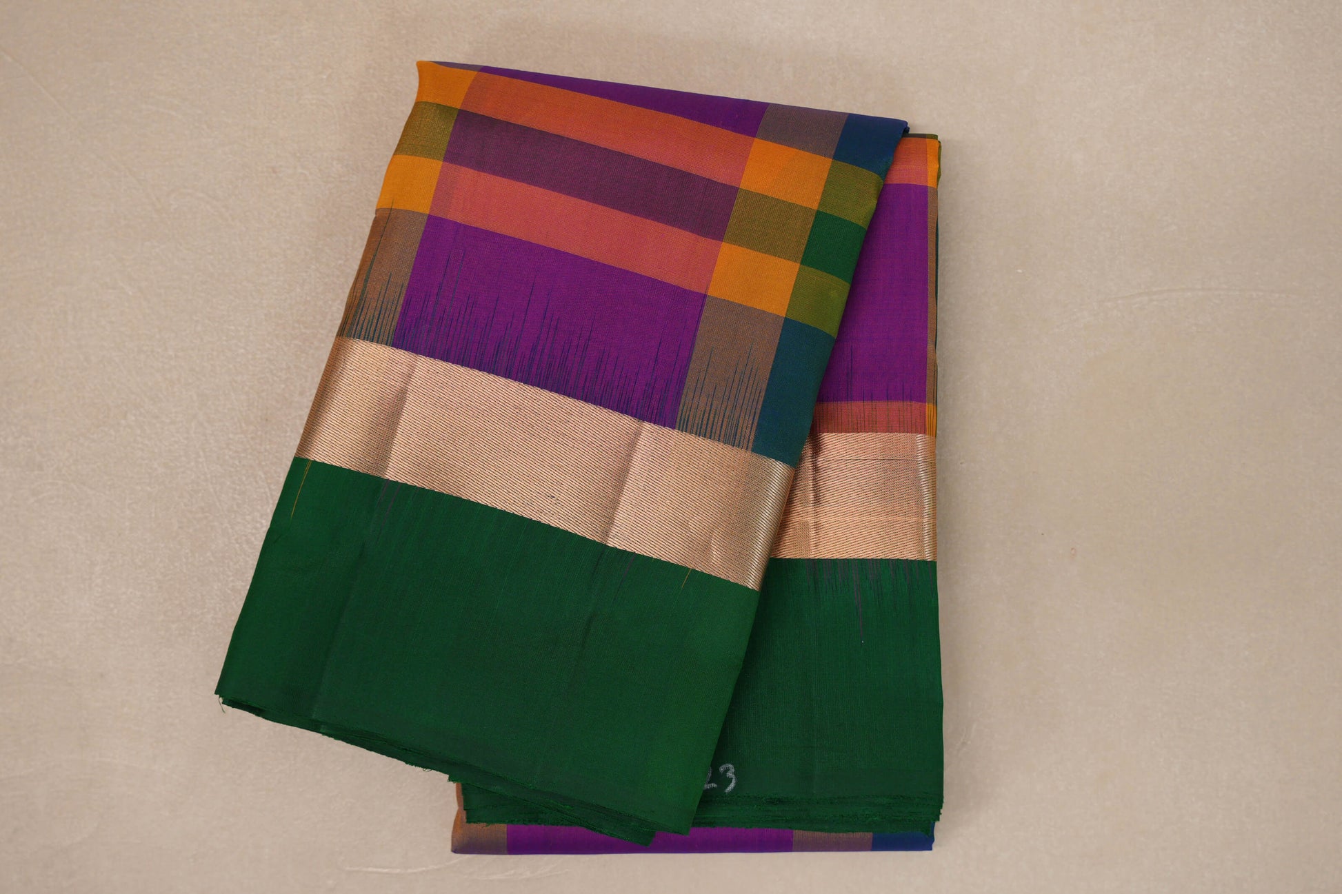 Multi Color Checks with Dark Bottle Green Borders Light Weight Kanjivaram Silk Saree