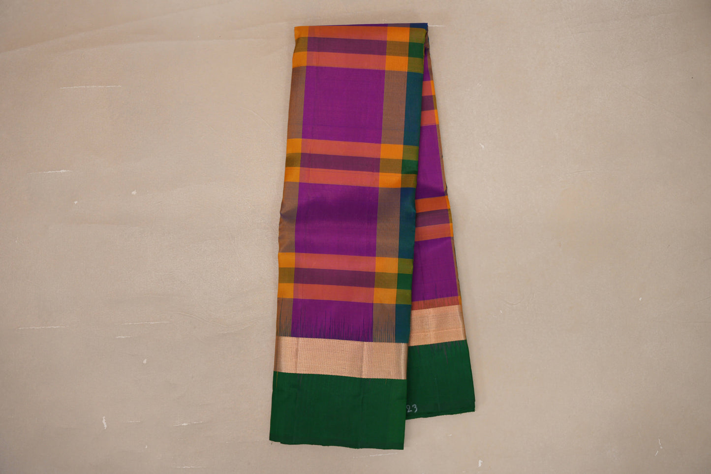 Online Multi Color Checks with Dark Bottle Green Borders Light Weight Kanjivaram Silk Saree