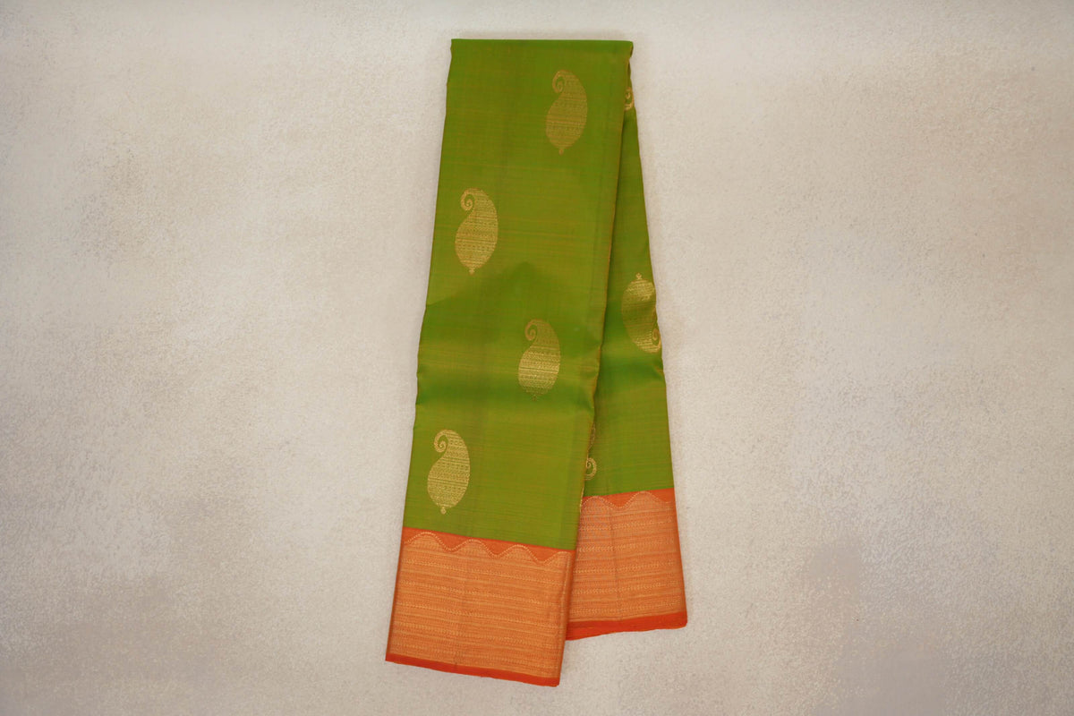 Parrot Green with Reddish Orange Borders Vintage Kanjivaram Silk Saree by Shreenivas Silks