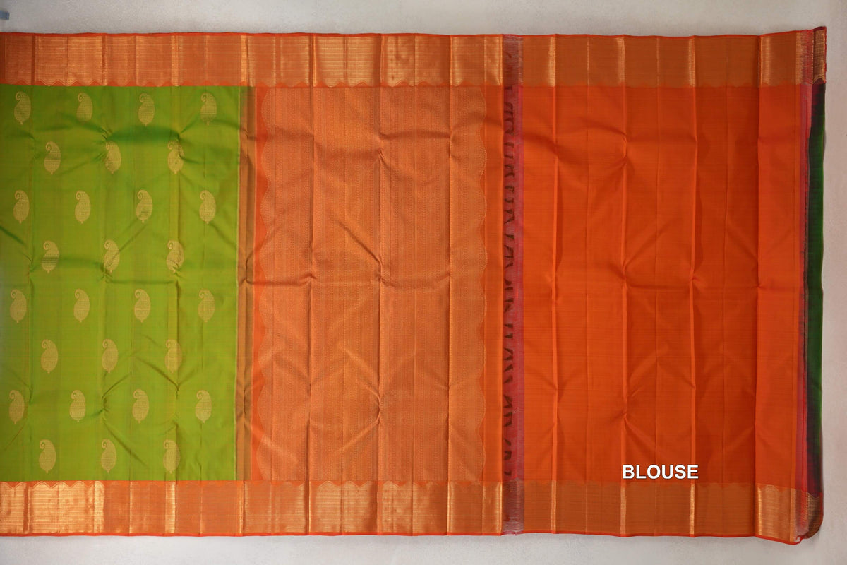 Parrot Green with Reddish Orange Borders Vintage Kanjivaram Silk Saree by Shreenivas Silks blouse