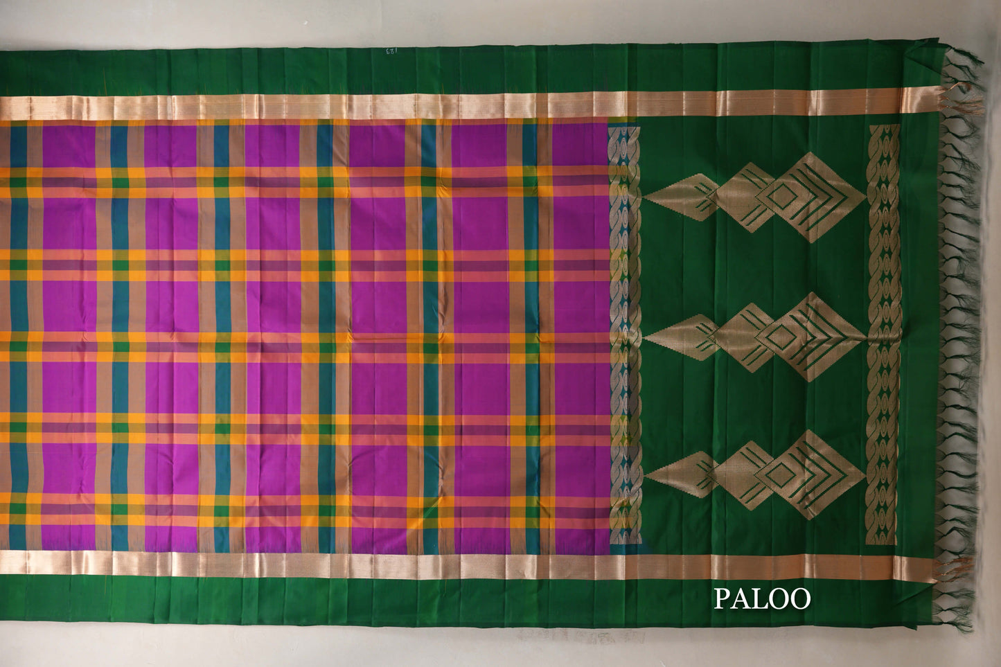 Multi Color Checks with Dark Bottle Green Borders Light Weight Kanjivaram Silk Saree paloo