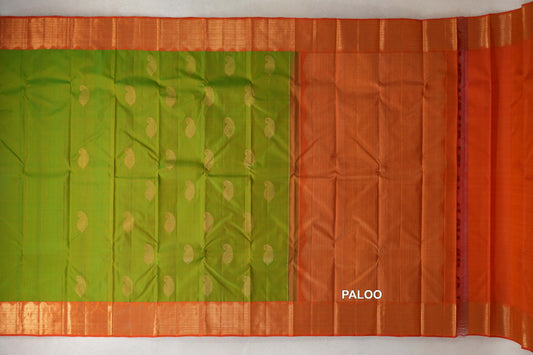 Parrot Green with Reddish Orange Borders Vintage Kanjivaram Silk Saree by Shreenivas Silks paloo