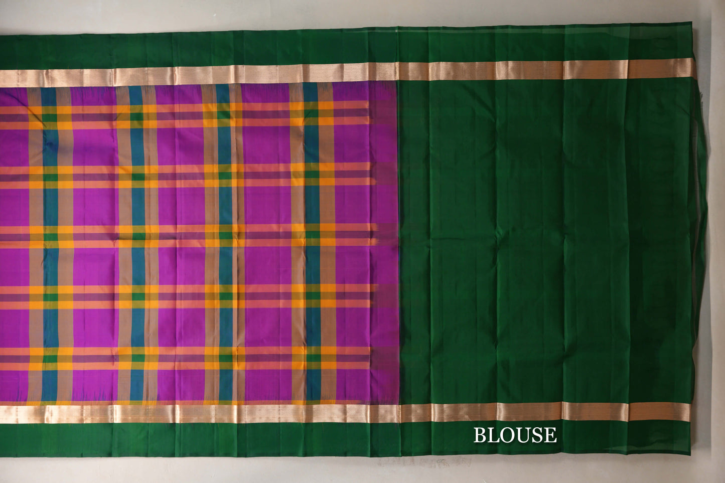 Multi Color Checks with Dark Bottle Green Borders Light Weight Kanjivaram Silk Saree blouse