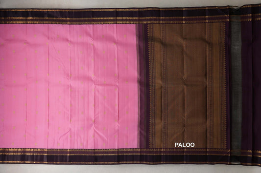Pastel Pink with Dark Plum Borders Vintage Kanjivaram Silk Saree by Shreenivas Silks paloo