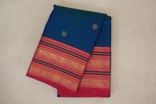 Peacock Blue with Multi Color Borders Vintage Kanjivaram Silk Saree by Shreenivas Silks
