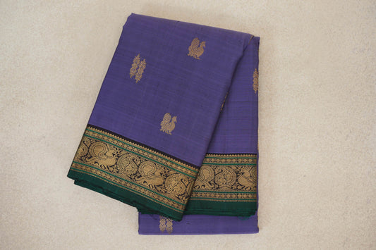 Dark Lavender with Deep Plum Borders with Bottle Green Selvedge Vintage Kanjivaram Silk Saree by Shreenivas Silks